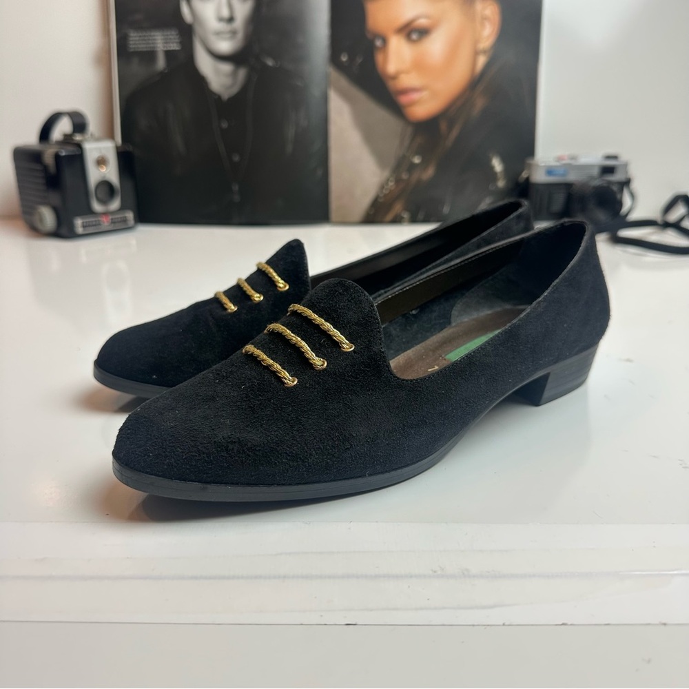 Unisa Black Suede Loafers with Gold Accents